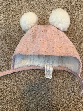 Kids Pink Pom Pom Winter Bonnet with Sherpa Lining.